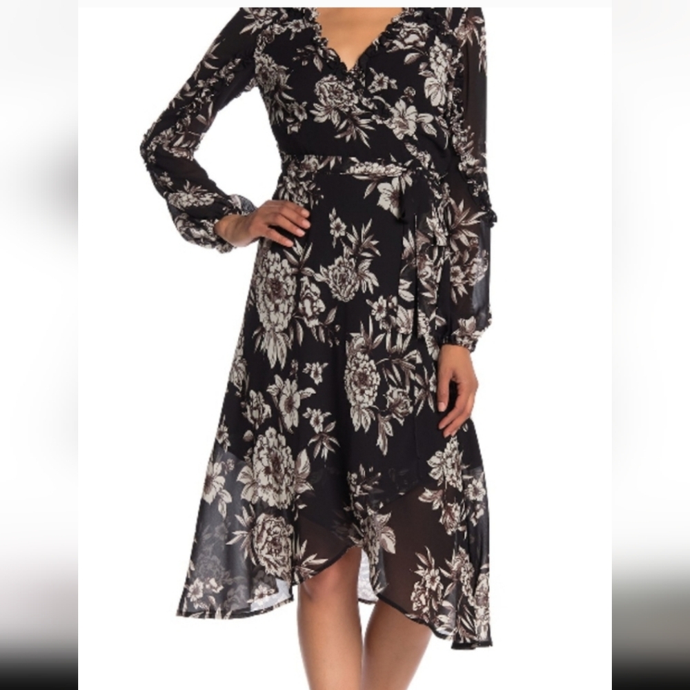 Bardot Black Brown Floral Midi Faux Wrap Size 6 Wedding Party Cruise Event